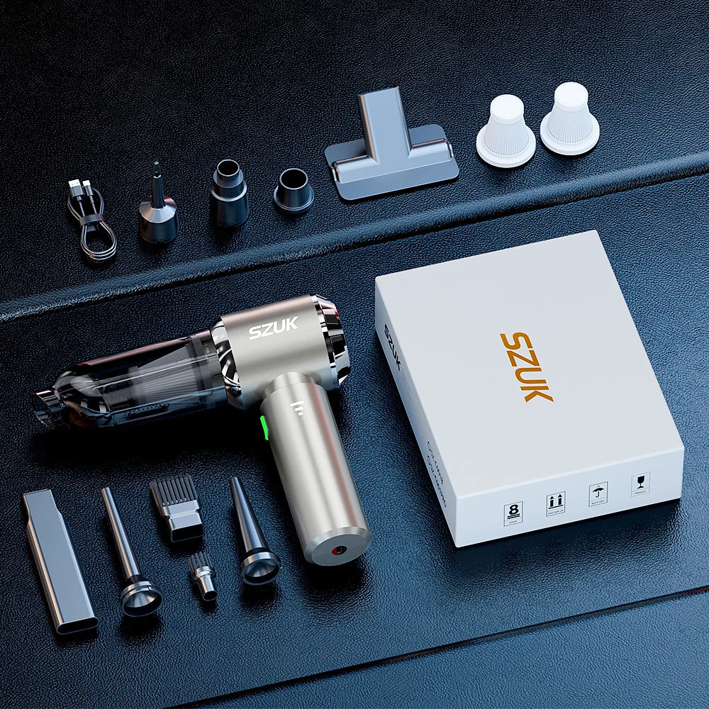 Mini Aspirateur Sans Fil SZUK – Puissant 98500Pa, Portable & Rechargeable avec 8 Accessoires | Voiture & Maison