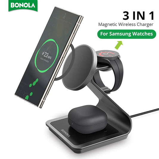 Station de charge 3-en-1 Bonola – Sans fil & magnétique (Galaxy + Watch + Buds)