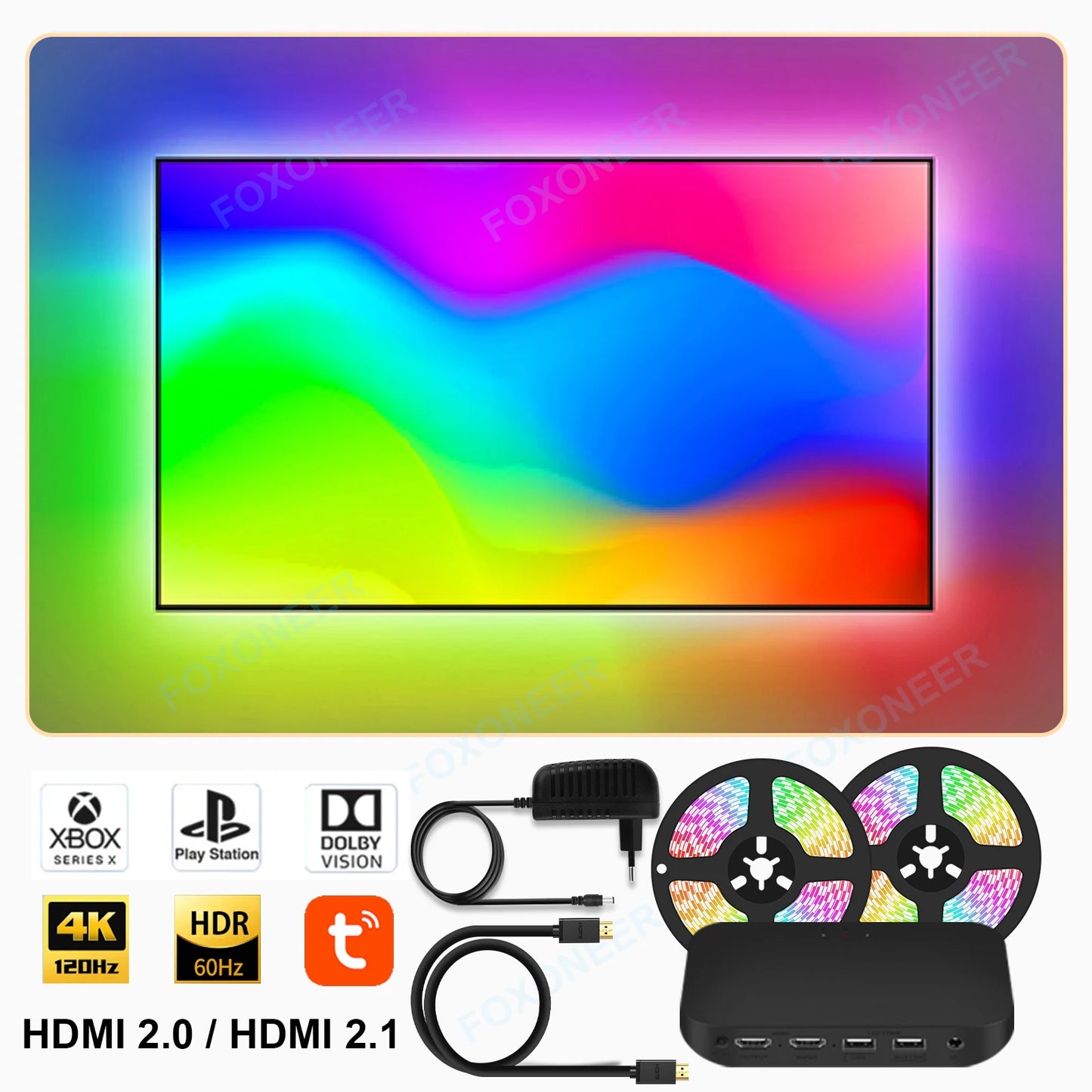 Ambilight TV LED HDMI 2.1 – Kit Rétroéclairage Intelligent 4K avec Box de Synchronisation – Contrôle WiFi, Alexa & Google Assistant