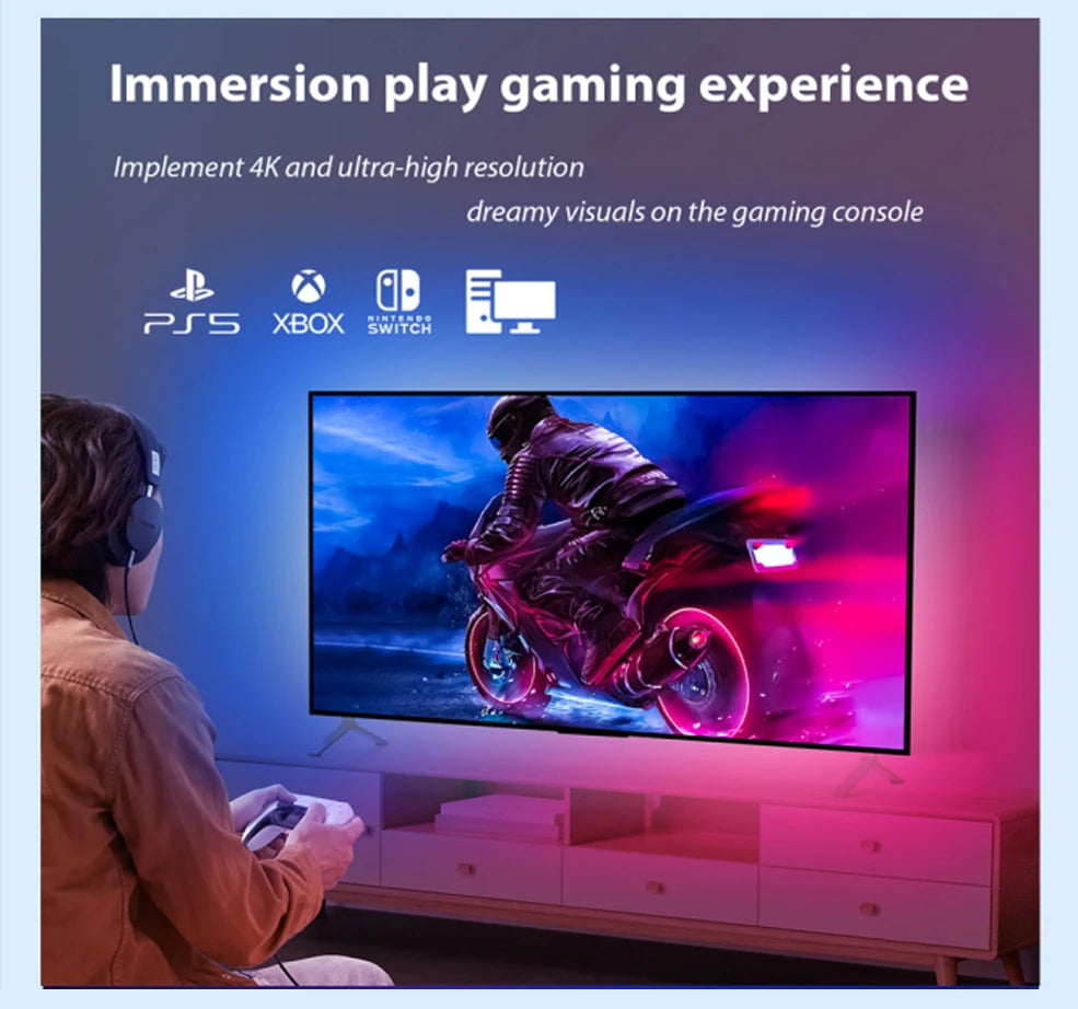 Ambilight TV LED HDMI 2.1 – Kit Rétroéclairage Intelligent 4K avec Box de Synchronisation – Contrôle WiFi, Alexa & Google Assistant
